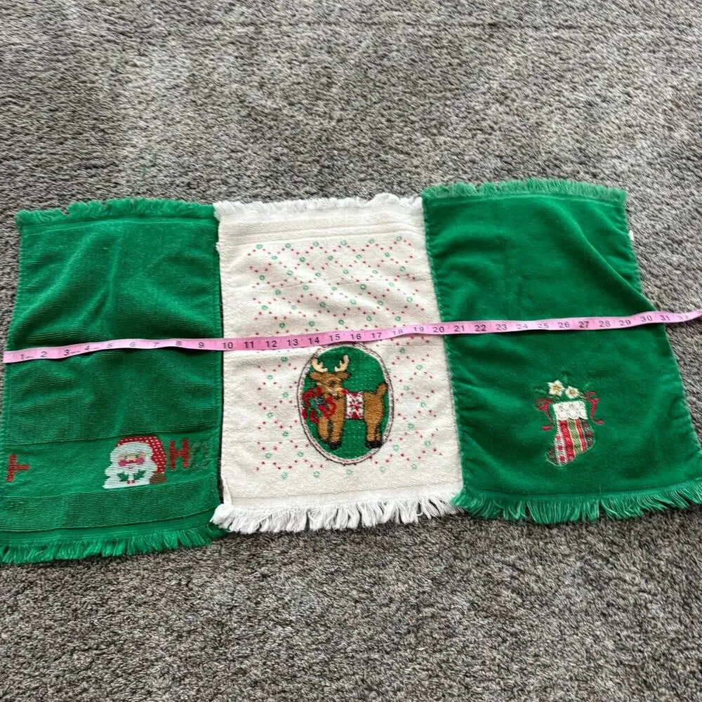 LOT of 3 Christmas Themed Hand Towels Reindeer Santa Claus Stocking & Poinsettia